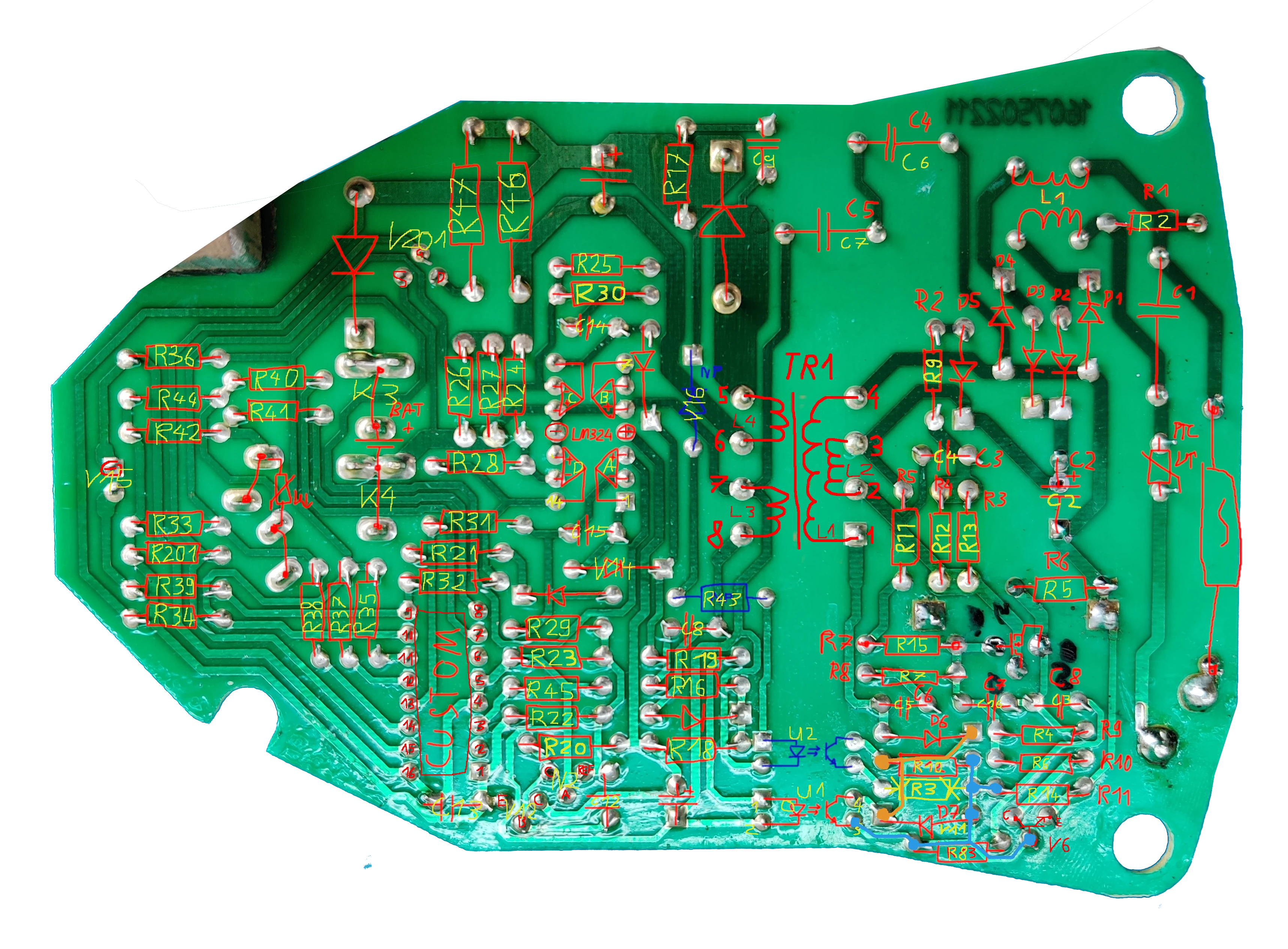 Back side of the Dremel pcb, labeled.